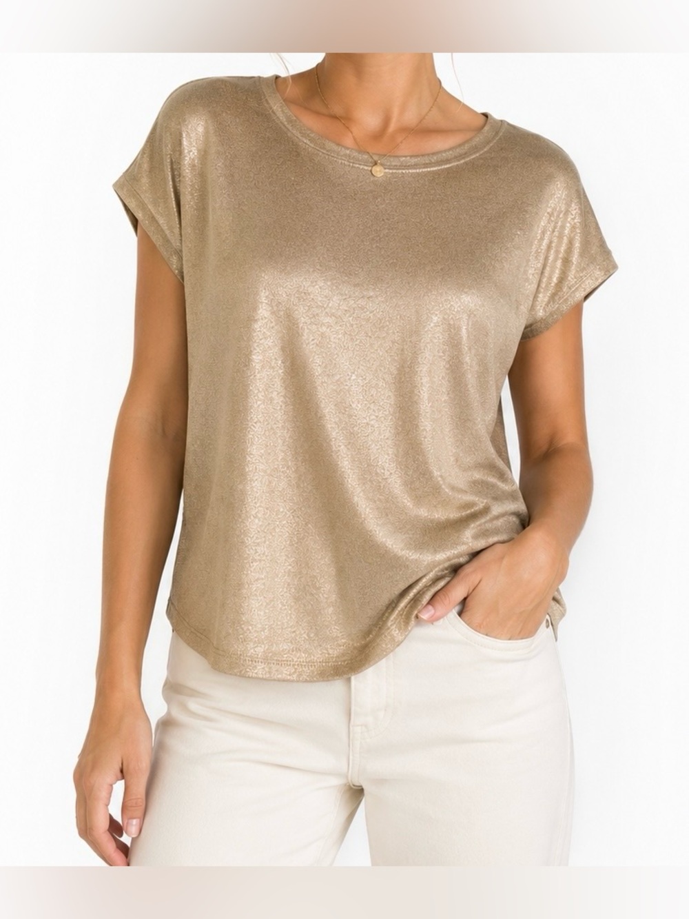 Anthropologie Shimmery Gold Short Sleeve Tee